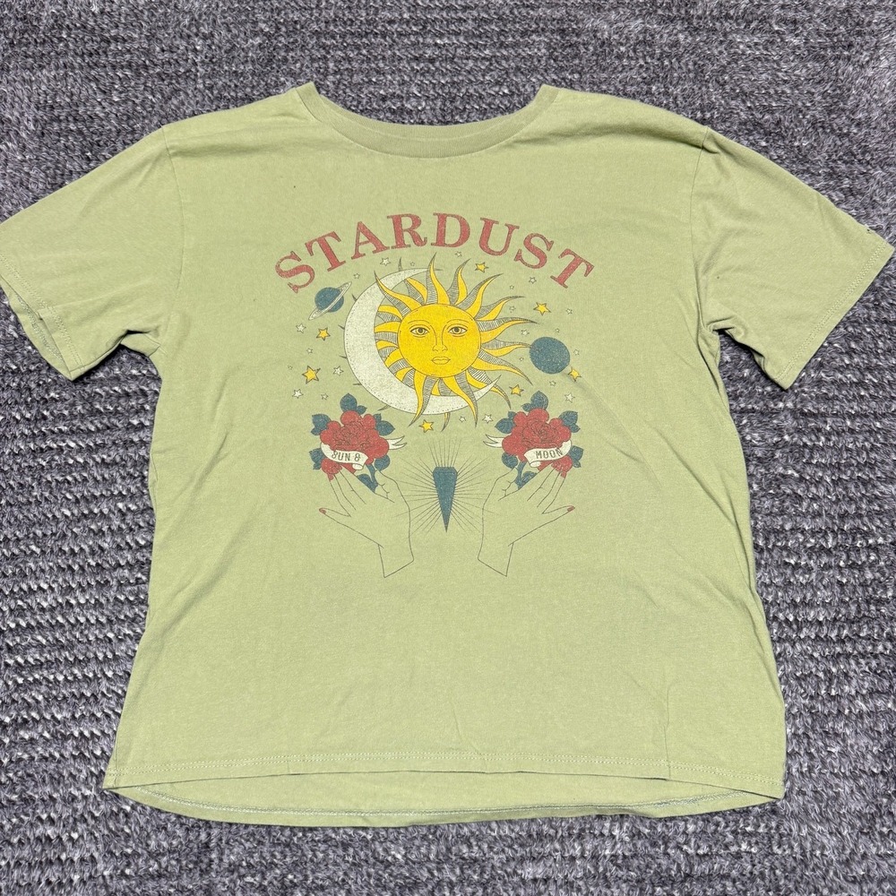 Stardust Sun Moon Celestial Graphic Print Short Sleeve T Shirt Olive‎ Green Boho